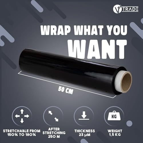 V1 Trade - 1,5 Kilogramm - Hand Stretchfolie 23 my (Black) 500 Millimeter x 225 Meter, Palettenfolie Handfolie Wickelfolie