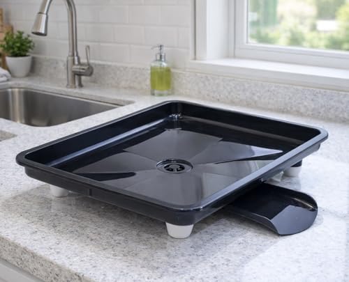 Image of SmartSlide Dish Drainer Tray for Kitchen Sink | Plastic Utensil Drying Tray with Water Drain Spout | Countertop Dish Drying Stand (12 x 17 Inch) (Black)