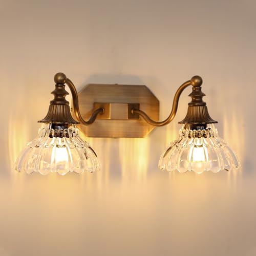 Image of hesoge Vintage Bathroom Light Fixture Antique Brass Vanity Light with Crystal Glass Shade Brushed Gold 2-Light Bathroom Light Over Mirror