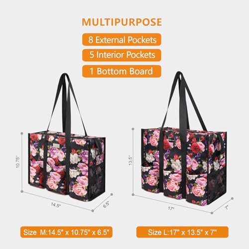 TOPDesign Utility Water Resistant Tote Bag with 13 Pockets, Top Zipper Closure & Thick Bottom Support, for Working Women, Ranunculus, Large, Classic - 1