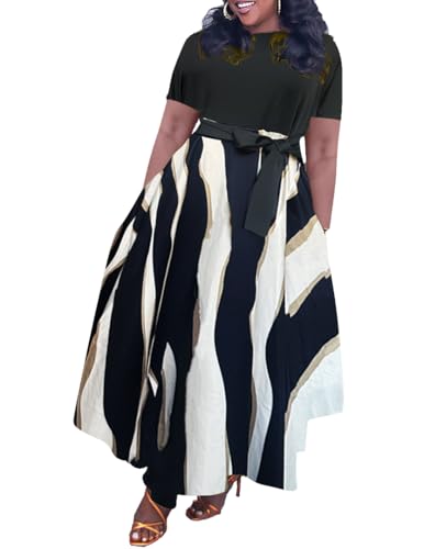 Image of Hostoyo Women Plus Size Formal A Line Maxi Dress Self Tie Waist with Pockets Elegant Round Neck Swing Long Dresses