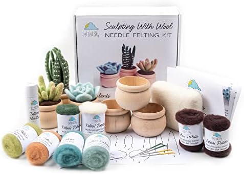 Felted Sky Succulents Needle Felting Craft Kit with Video Instructions | Learn How to Sculpt with Wool | Beginner Friendly for Adults & Teens | Includes Everything to Create 3 Cute Faux Plants