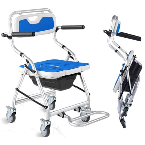 Joyfitness Sedia da Doccia Pieghevole con Secchio tiolet, Comoda Mobile con Ruote sopra la Sedia da Toilette, Sedia a rotelle per Allattamento Multifunzionale con Ruote