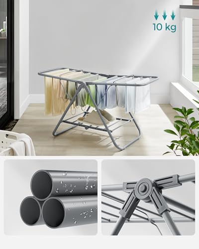 SONGMICS Suszarka na pranie, mała, składana, stojąca suszarka z 2 skrzydłami, zajmuje mało miejsca, metalowa, na małe ubrania, ręczniki, łazienka, balkon, 44 x 101 x 54 cm, kolor gołębi szary