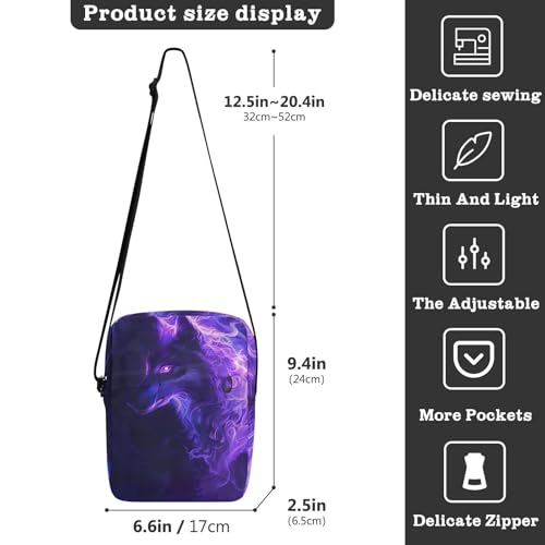 Crossbody Bag Neon Glowing Purple Flame Wolf Animal Messenger Bag for Women Men Purse Shoulder Bag Satchel Bag with Adjustable Strap 202b59673