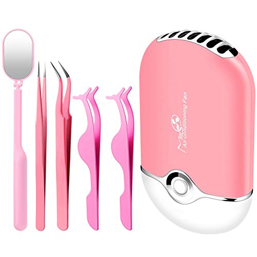 Eyelash Fan Dyer USB Mini Portable Lash Fan Rechargeable Air Conditioning Blower, Straight and Curved Tip Eyelash Tweezers, Eyelash Applicator Tools and Lash Extension Mirror for Girls Women