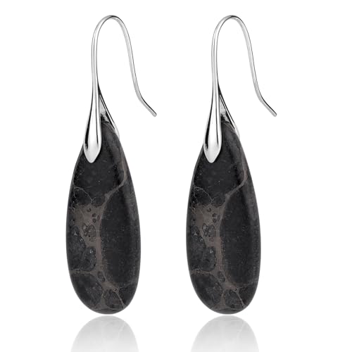 2pcs Natural Stone Earrings, Fishhoop Dangle Dangling Earrings Eye-Catching Stone Dangly Drop for Women Unusual Novelty Funky Jewelry (Black, Silver)