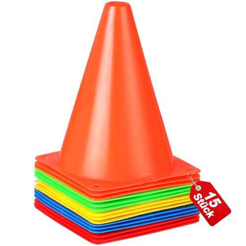 Alyoen 17.5cm Pylonen, 15 Stück Hütchen Fussball Markierungskegel für Outdoor-Aktivitäten und Festliche Veranstaltungen, Verkehrshütchen Kegel für Fußball, Sport & Hundetraining (5 Farben)