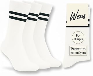 Wens White School Socks With Strips for Girls, Boys, Kids and Men of All Ages (Pack of 3) | Heavy Elastic, Streachable & C... Price In India