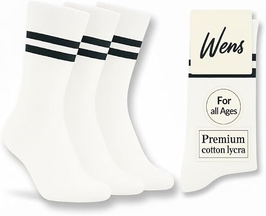 Wens White School Socks With Strips for Girls, Boys, Kids and Men of All Ages (Pack of 3) | Heavy Elastic, Streachable & C...