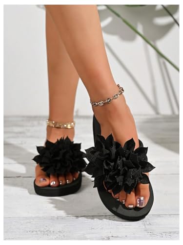 OYOANGLE Women's Flower Appliques Flip Flops Boho Open Toe Slip On Flat Sandals Beach Vacation Slippers4