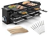 RACLETTE Gerät mit Parkdeck, 2 wendbaren Grillplatten für 2-8 Personen & 8 Teppanyaki Gabeln, Grillfläche 2x 21x23cm, 1200 Watt