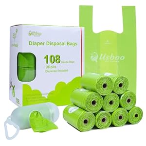 Disposable Diaper Bags for Baby, 9 Refill Rolls/108 Bags，OXO-Biodegradable Diaper Sacks with Dispenser,Easy-Tie Handles,Large Dirty Diaper Disposal or Pet Waste Bags