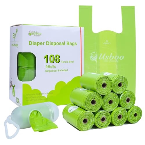 Disposable Diaper Bags for Baby, 9 Refill Rolls/108 Bags，OXO-Biodegradable Diaper Sacks with Dispenser,Easy-Tie Handles,Large Dirty Diaper Disposal or Pet Waste Bags