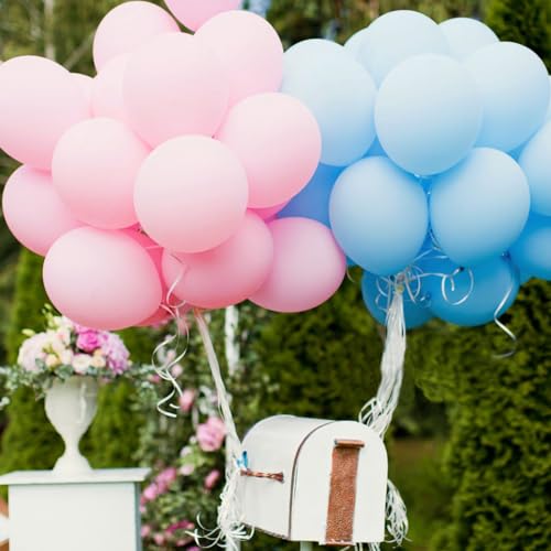 Image of Pink and Blue Balloons 100 Pack 12 inch Pastel Pink Blue White Latex Party Balloons with 65ft Ribbon for Gender Reveal Baby Shower Birthday Bridal Shower Wedding Party Decorations Supplies