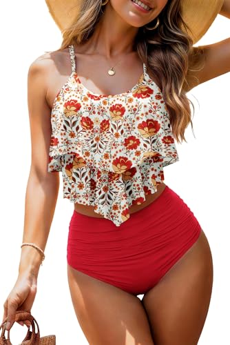 Image of Womens Tankini Swimsuits Ruffled Tank Top Tummy Control Floral Modest Swimwear High Waisted Bikini
