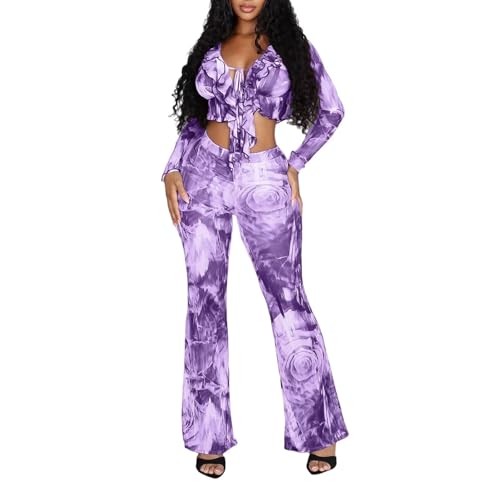 Sexy Birthday Date Night Party Club Outfits for Women Two Piece Sets for Women Going Out Long Sleeve V Neck Sheer Mesh See Through 2 Piece Crop Top Wide Pant Suit Set Floral Print Clubwear Purple, M