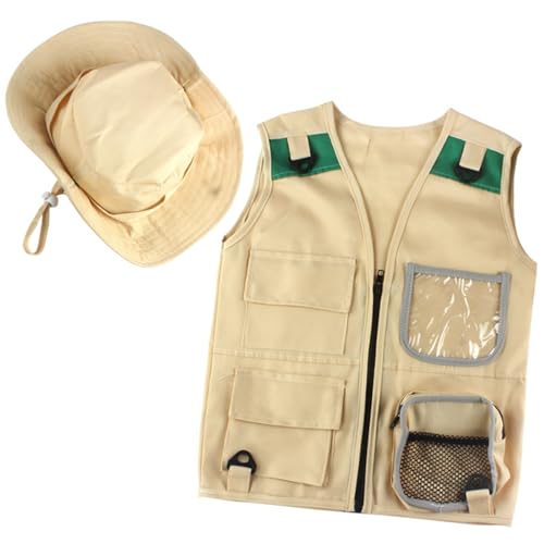 Generisch Costume pour enfant - Gilet cargo - Chapeau - Costume de paléontologue - Pour l'extérieur - Veste demi-saison pour garçon, kaki, 3-7 ans