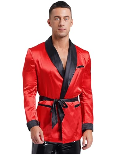 YiZYiF Men Satin Smoking Jacket Robe Bathrobe with Belt Lapel Long Sleeve Kimono Sleepwear Nightwear2