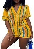 Symina Estate 2 Pezzi Brevi Set Per Le Donne Uncinetto Manica Corta Camicia e Pantaloncini Corrispondenti Set Vacanza, Giallo, Small