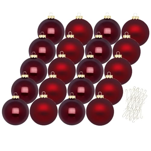 Inge Glas Weihnachtskugeln mit Haken | Schöne Christbaumkugeln aus Glas | Set 20 Kugeln und 40 Aufhänger | Christbaumschmuck Weihnachtsbaumkugeln (Smooth Port | weinrot)