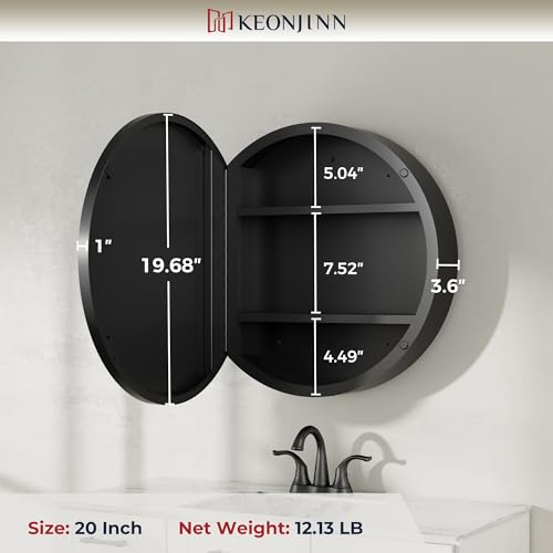 Image of Keonjinn 20 Inch Black Round Medicine Cabinet with Mirror, Rust Resistance