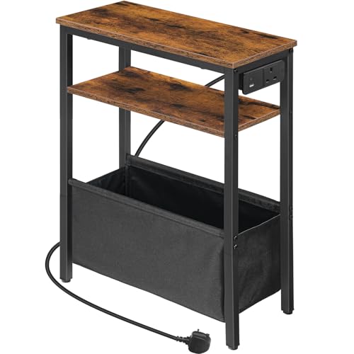 HOOBRO Narrow Side Table Slim Bedside Table with Charging Station for Small Space USB & Type-C Ports 40 x 20 x 60 cm for Living Room Rustic Brown and Black EBF125KBZ01