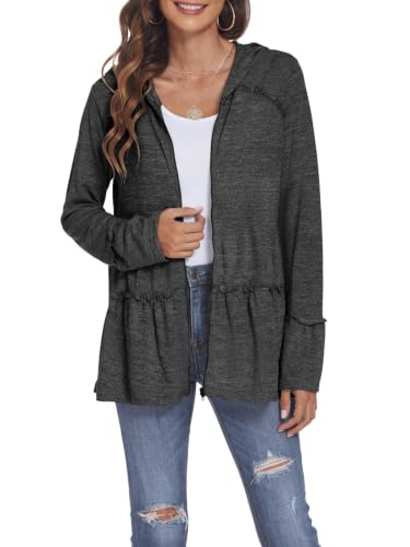 Image of DEESHA Plus Size Zip Up Hoodie for Curvy Women Spring Ruffle Hooded Sweatshirts Jacket Cardigans Lightweight