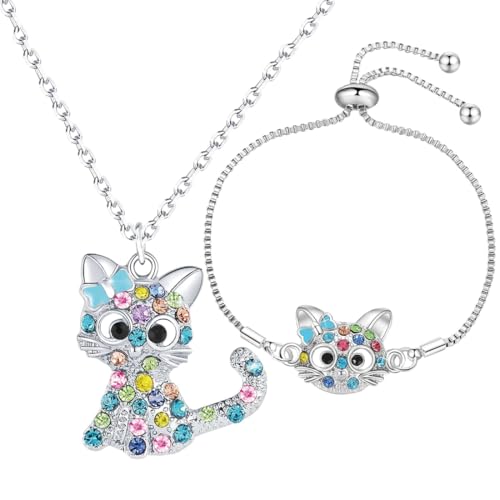 LAJUP Lot de 2 colliers et bracelet avec pendentif chat pour...
