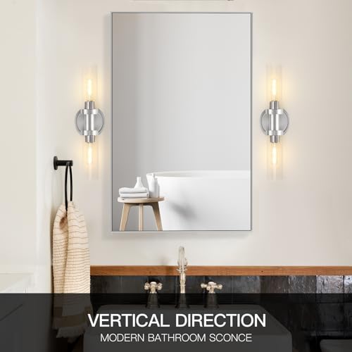 Image of Brushed Nickel Wall Sconces,2-Light Bathroom Vanity Light Fixture, Modern Bathroom Sconces Wall Lighting Clear Glass Shade, Horizontal and Vertical Wall Mount Lamp for Mirror Hallway Kitchen