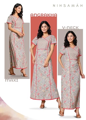 Image of NIHSAMAH Cotton Night Gown for Women - Angrakha Style Nighty, Comfortable Sleepwear /Nightwear /Maxi