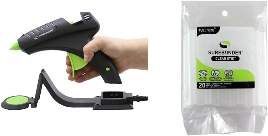 Surebonder Cordless Hot Glue Gun & "Clear Stik" Hot Glue Sticks for All Temperatures - Full Size 4" L, 7/16" D - 20 Pack - All Purpose, Made in USA (DT-20)