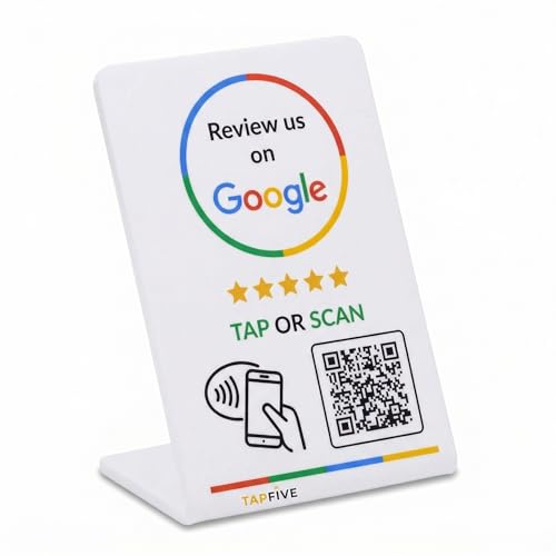 Image of Google Review Stand by TapFive - Tap to Review NFC Tap & QR Code Sign for Restaurants, Salons, Retail & Front Desks | QR Code Stand | No Monthly Fees (White, 1 Stand)