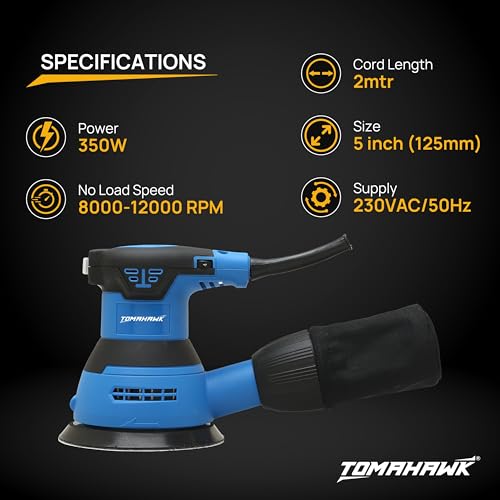 Image of TOMAHAWK TFS-3700 350W Random Orbital Sander 125mm (5 Inch) Sanding Pad | 6 Variable Speed (8000-12000 RPM) | Lightweight 1.5kg | 2m Power Cord | Wood, Metal & DIY Polishing Tool