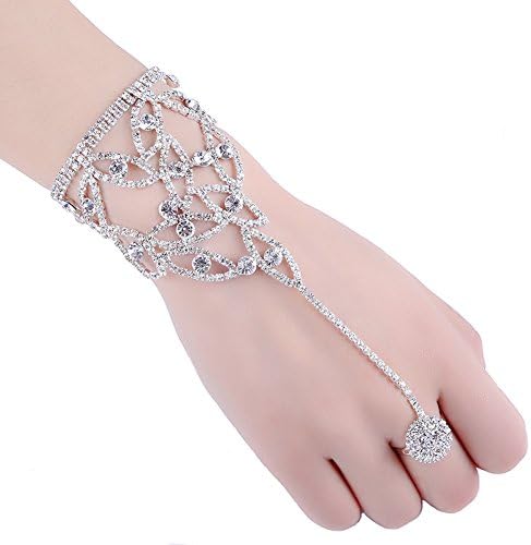 2 Pcs Fashion Women Girl Rhinestone Hand Harness Bracelet Bangle Slave Chain Link Finger Ring Bracelet