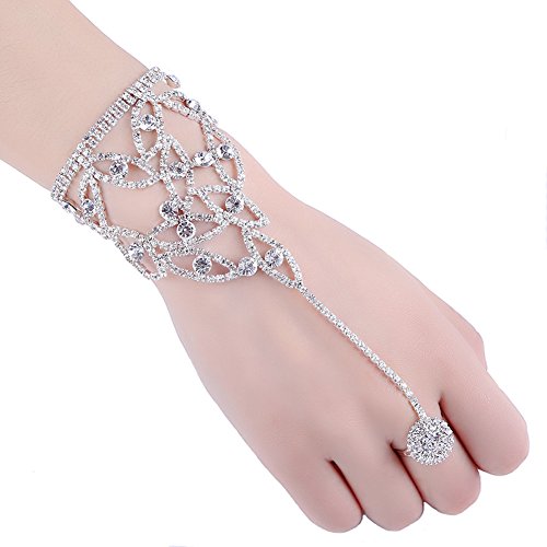 2 Pcs Fashion Women Girl Rhinestone Hand Harness Bracelet Bangle Slave Chain Link Finger Ring Bracelet (Pattern B)