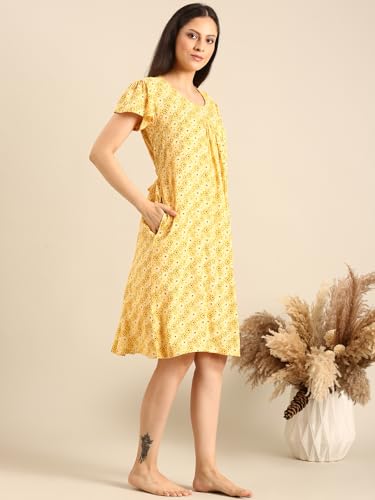 Image of Rupa Jon Aishwarya Women Short Printed Nighty in Premium Cotton Blend Fabric, Midi Length, Night Dress, Three-Fourth Length for Comfortable Everyday Wear