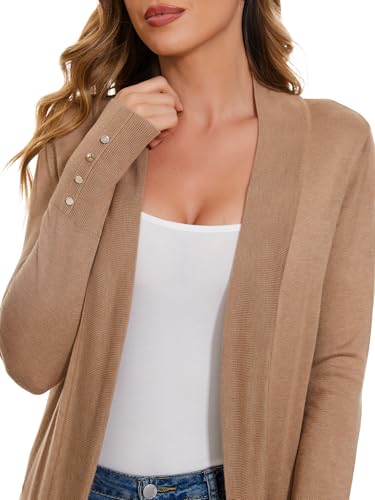 Image of Women Long Knit Cardigan Lightweight Open Front Sweaters | Capsule Wardrobe for Women, Relaxed fit, Buttoned Ribbed cuffs, Dressy Business Casual , for spring early fall office work