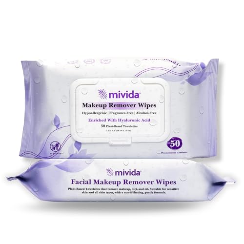 mivida Hypoallergenic Makeup Remover Wipes with Hyaluronic Acid, Fragrance Free Makeup Wipes for Sensitive Skin, Plant-Based, Alcohol Free, Convenient Twin Pack - 2x50 Count