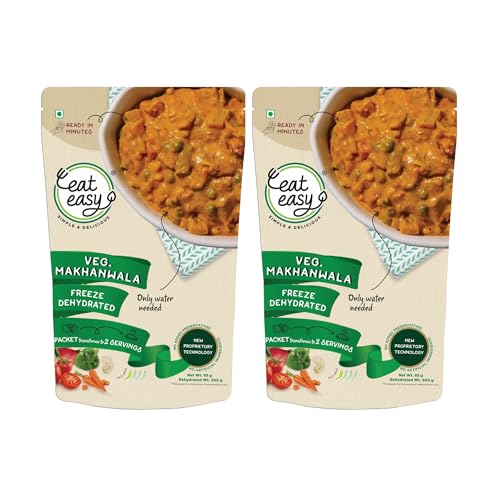 Image of Eat Easy Ready to Eat Veg Makhanwala 85g (Pack of 2) After Preparation 300g | Just Add Hot Water & Cook, Freeze Dried Instant Makhanwala Sabzi | Indian Food for Travel, Camping, Hostel | No Preservatives