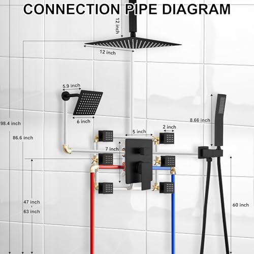 Shower System Matte Black Dual Shower Head with Body Jets, Oupukle Four Modes Shower Faucet Set Ceiling Mount 12\" Rain Shower Head & 6\" Wall Mounted Head with 6PCS Body Jets - Thumbnail 7