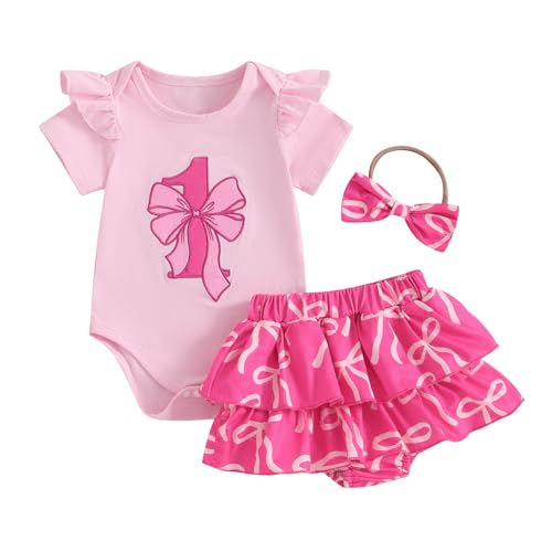 Baby Girl 1st Birthday Outfit Bow Ruffle Short Sleeve Romper Bodysuit T-Shirt Tutu Skirt Shorts Set Summer Clothes