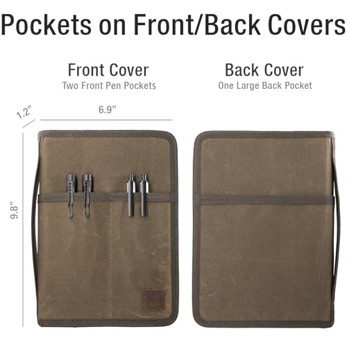 Image of A5 YKK Zipper Notebook Journal Planner Sketchbook Cover for 5.5 x 8.25 Moleskine Cahier 5 x 8 legal note pads A5 LEUCHTTURM, Pen Loop, Water Resistant Cover, Classy Waxed Canvas, Olive