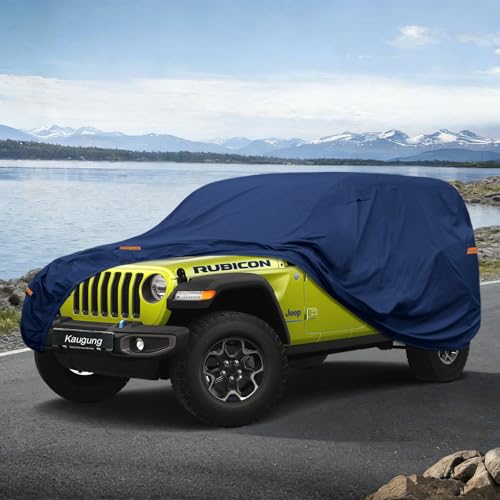Image of Kaugung Custom Fit Car Cover for Jeep Wrangler 4 Door 4Dr Unlimited JK JL, Heavy Duty Waterproof All Weather Outdoor Protection, Breathable Full Exterior Cover with Vent, Rain Sun Snow UV Proof