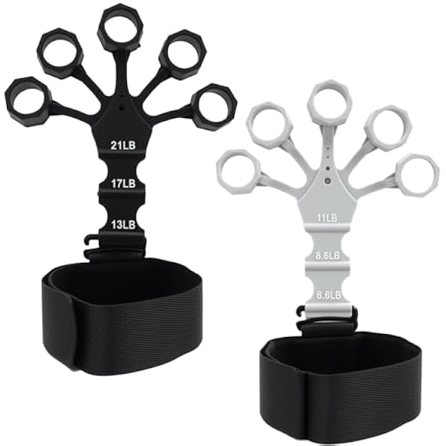 Grip Strength Trainer and Finger Exerciser, Double Sided Grip Strength Trainer for Rock Climbing And Hand Therapy, Adjustable Finger Extension Exerciser Builds Hand Strength for Relieve Pain(2Pack, Black+Grey)