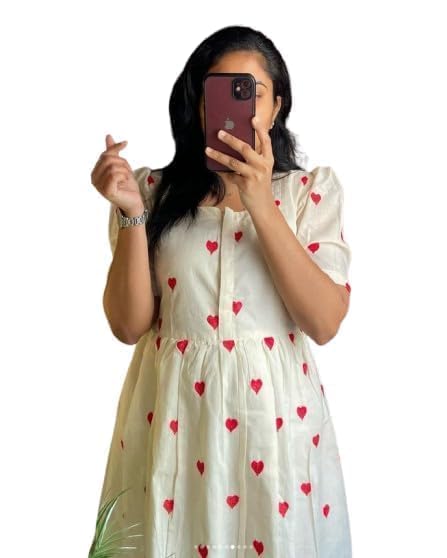 Women’s Heart Print Fit and Flare Dress - White Cotton, Short Dress with Square Neck and Full Skirt - Casual & Stylish for Women and Girls-image-8
