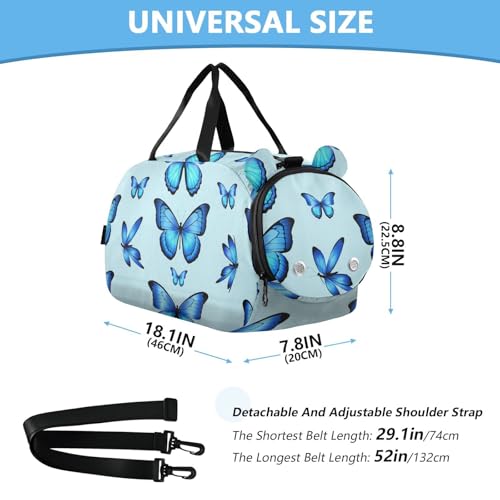 Blue Butterflies Duffle Bag for Girl, Sports Duffle Gym Bags with Shoe Compartment, Personalized Overnight Bag Travel Weekender for Kids2