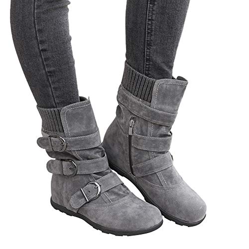 NOLDARES Boots for Women Winter Round-Toe Buckle Strap Zipper Boots Flats Low-Heeled Western Combat Mid Calf Boots