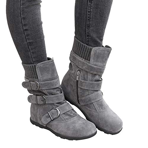 NOLDARES Boots for Women Winter Round-Toe Buckle Strap Zipper Boots Flats Low-Heeled Western Combat Mid Calf Boots, Grey, 7