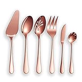 Berglander Stainless Steel Rose Gold Titanium Plated Flatware Serving Set 6 Pieces, 5 Serving Pieces of 45 Pieces Flatware With 1 Cake Server, Copper Serving Silverware Set (Shiny Rose Gold)